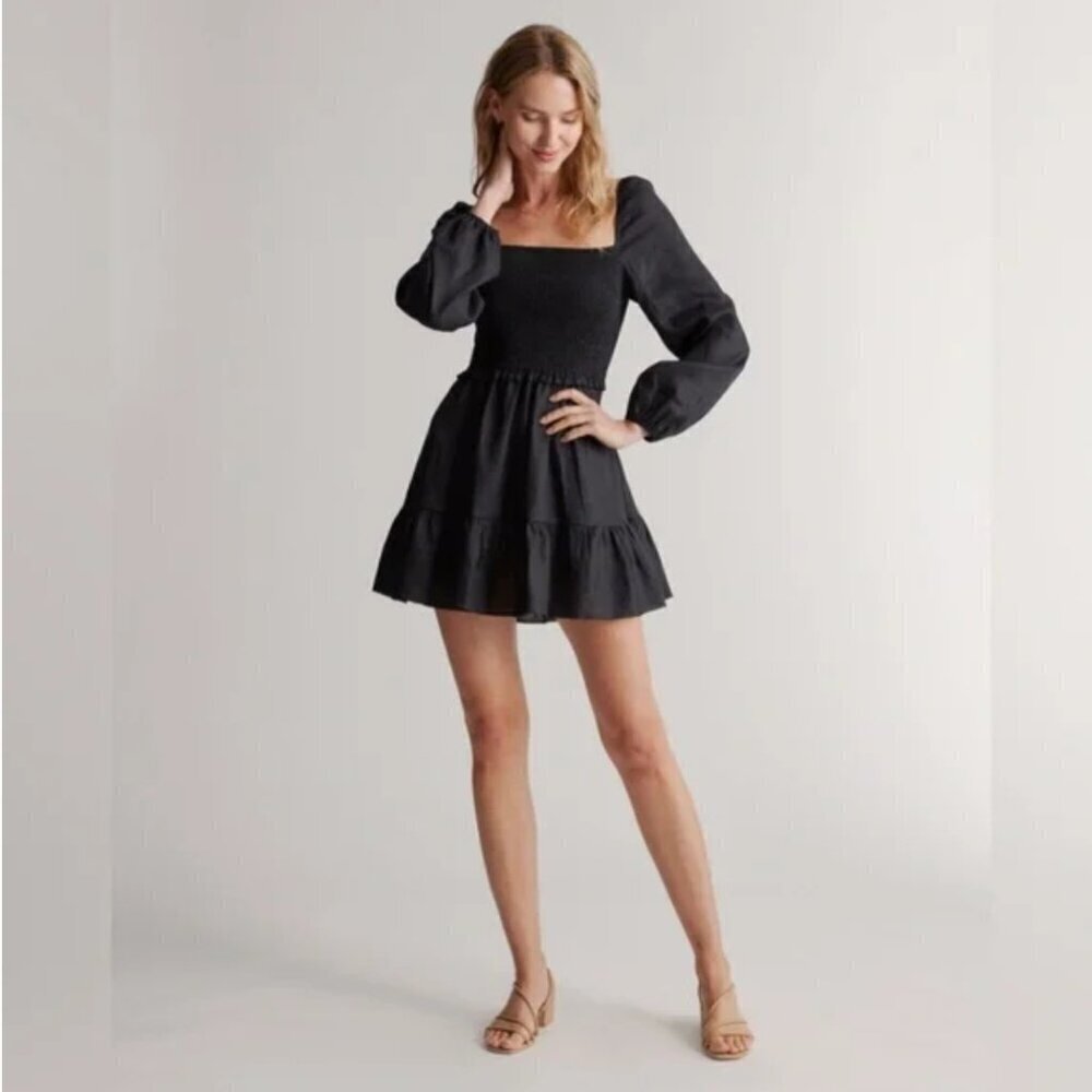 Quince 100% European Linen Smocked Mini Dress in Black